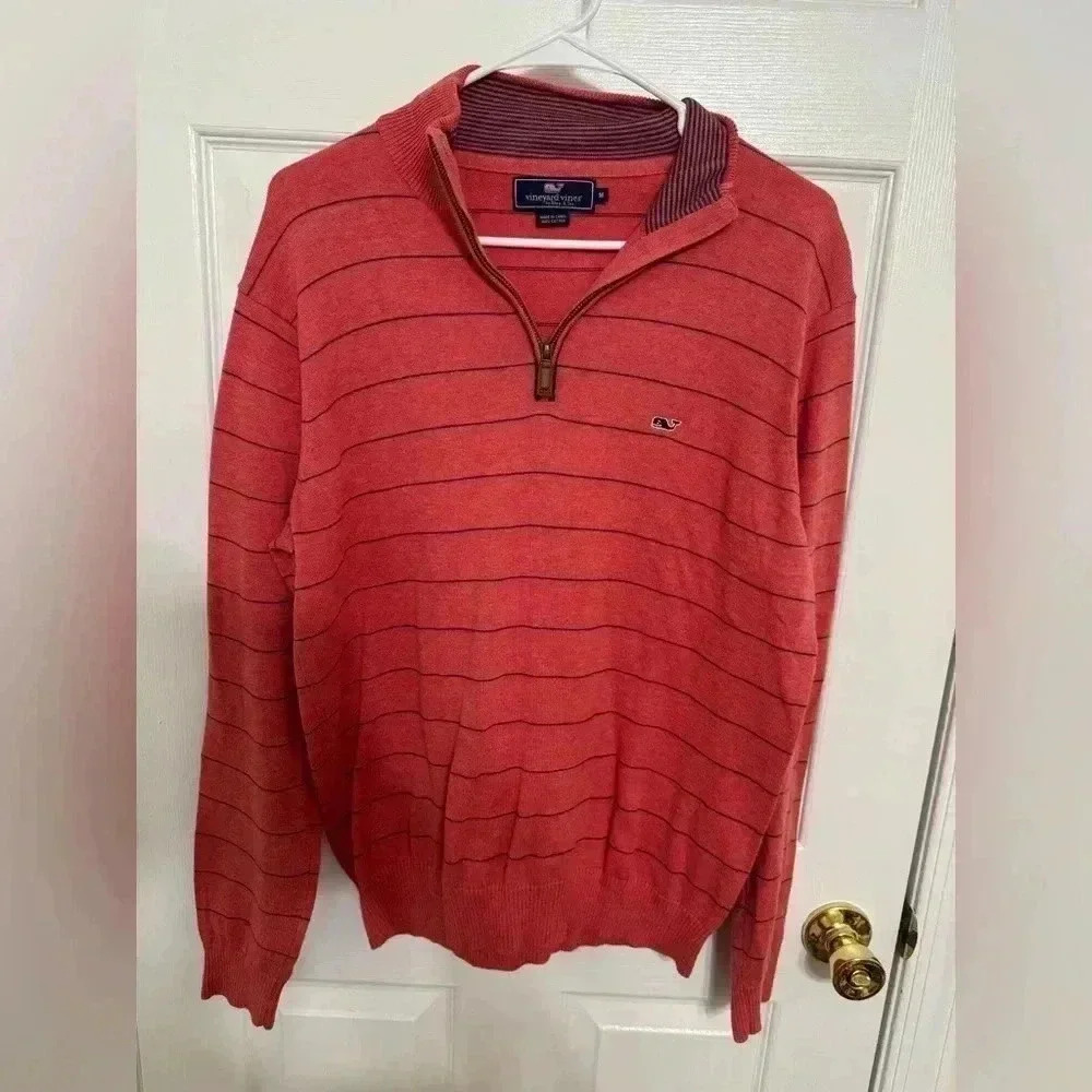 Vineyard Vines Salmon and Blue Striped Quarter Zip Sweater - Size M - Picture 6 of 10